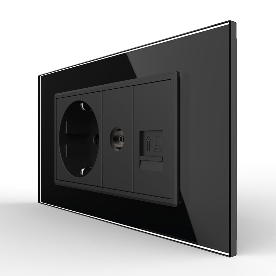 Priza Dubla Livolo cu Rama din Sticla 1 Priza Schuko+TV/internet, Standard Italian - Serie Noua, negru