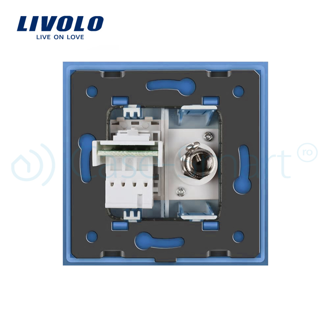 Priza dubla TV + Telefon Livolo cu rama din sticla, albastru