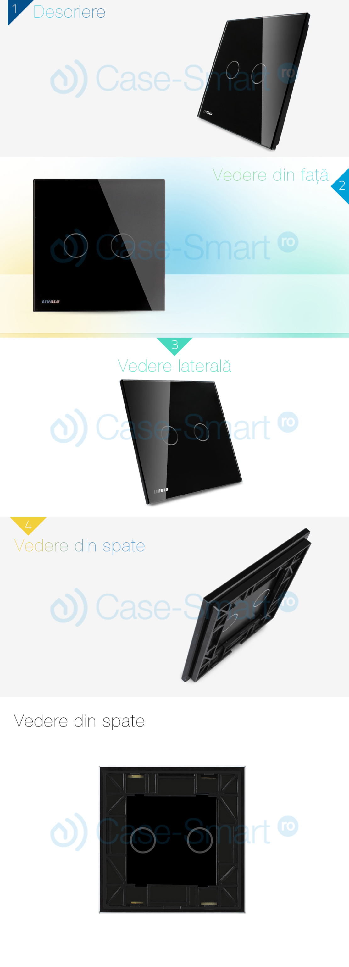 Panou intrerupator dublu cu touch Livolo din sticla, negru