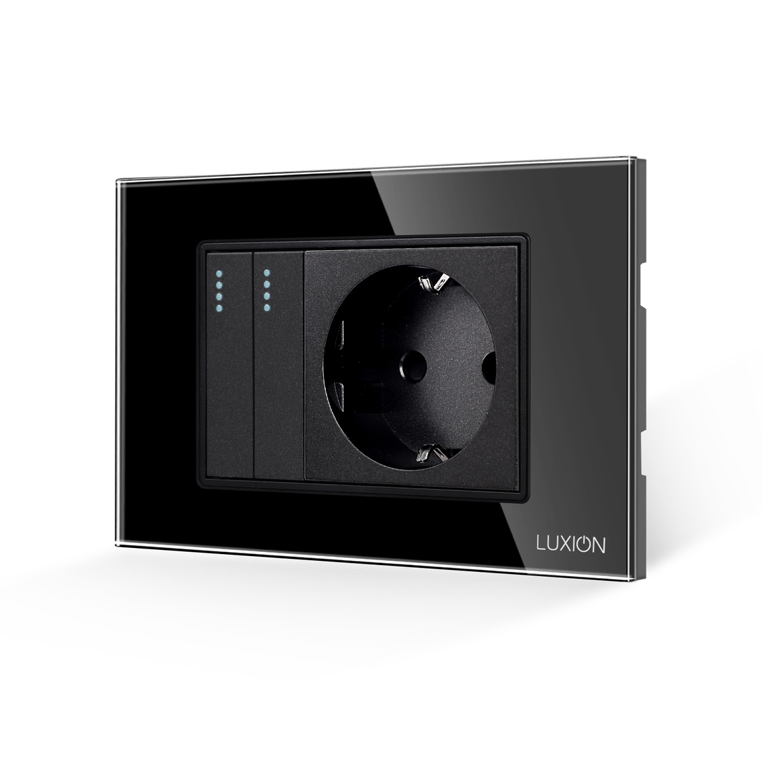 Intrerupator Dublu + Priza cu Rama din Sticla LUXION, Standard Italian, 3M, negru
