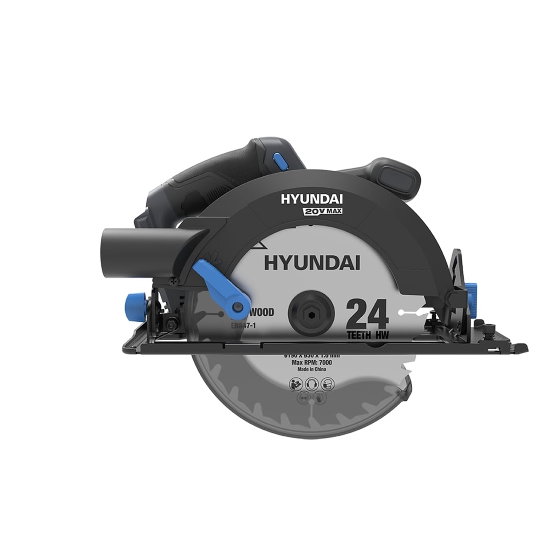 Fierastrau circular de mana cu acumulator 20V Hyundai CS20X-190, motor fara perii, adancime max. de taiere 67.5 mm la 90°, panza de 190 mm, livrat fara acumulator si incarcator