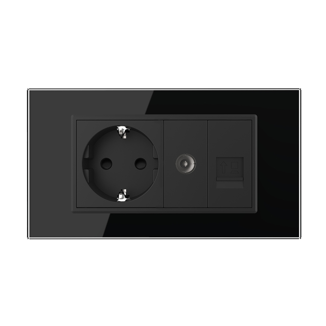 Priza Dubla Livolo cu Rama din Sticla 1 Priza Schuko+TV/internet, Standard Italian - Serie Noua, negru