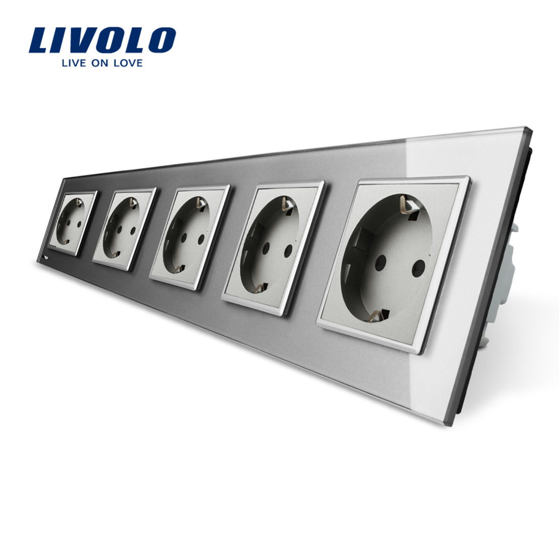 Priza cvintupla Livolo cu rama din sticla, gri