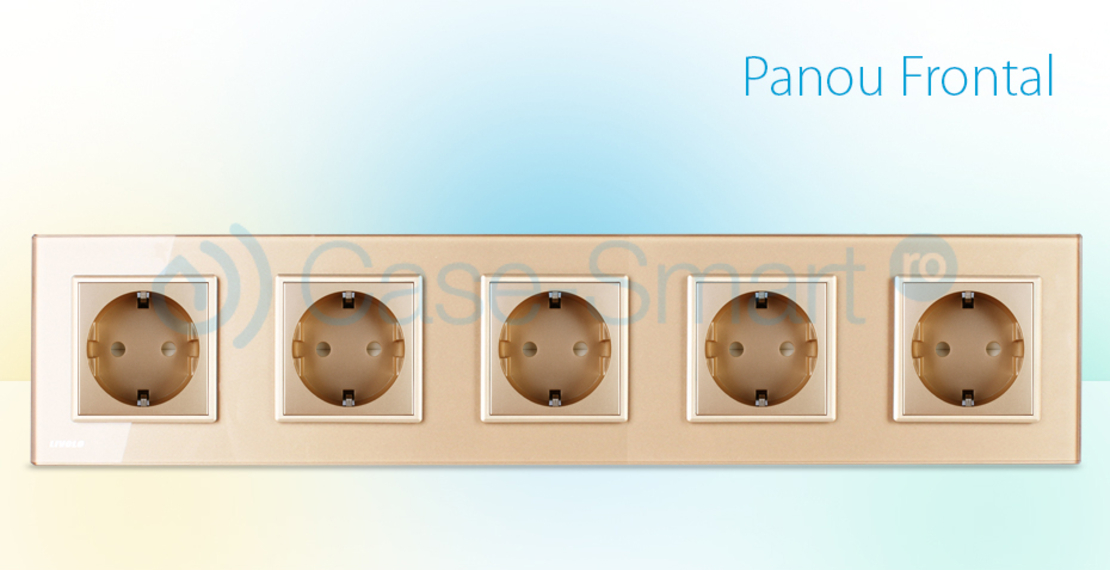 Priza cvintupla Livolo cu rama din sticla, auriu