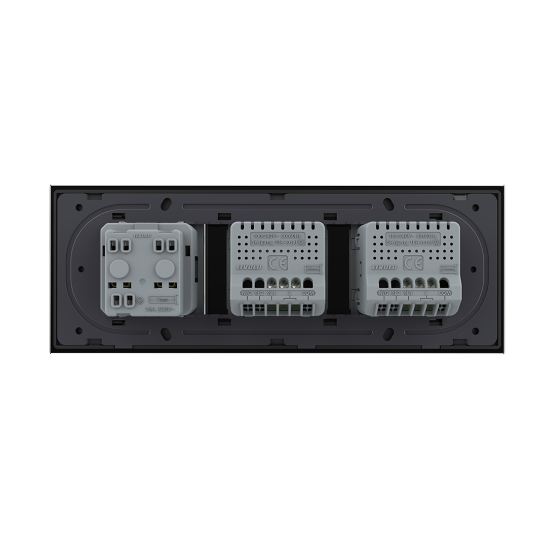 Intrerupator Simplu + Simplu + Priza LIVOLO cu Rama Din Sticla, Standard Italian, 6M, negru