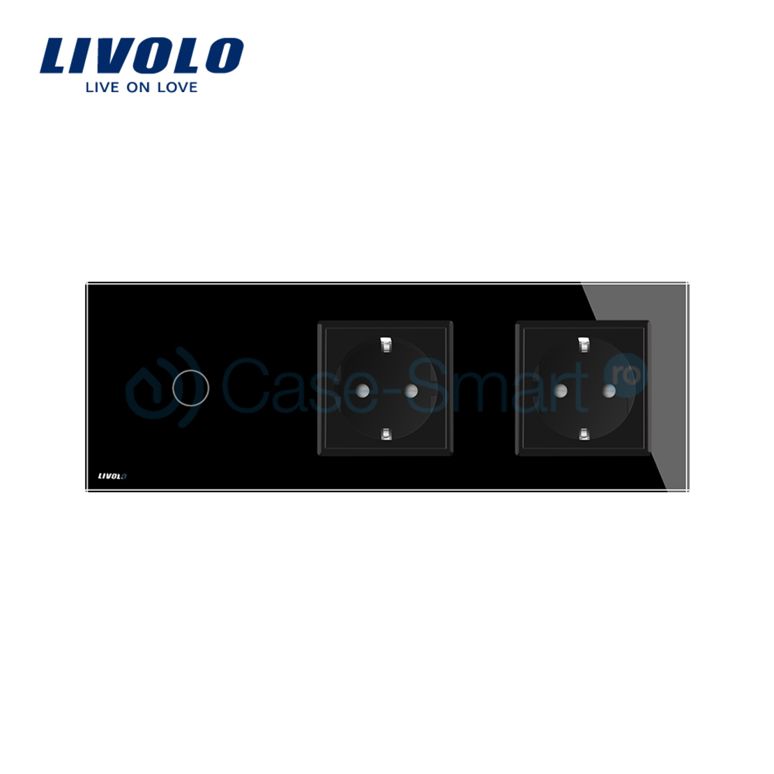 Intrerupator LIVOLO simplu cap scara / cap cruce cu touch si 2 prize din sticla, negru