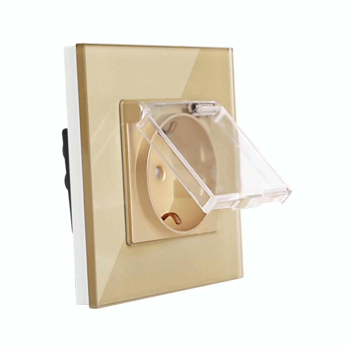 Priza Simpla cu Capac de Protectie cu Rama din Sticla LUXION, auriu