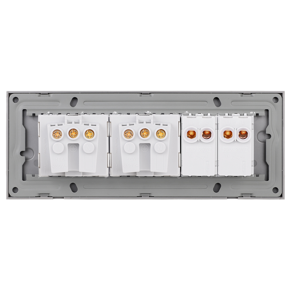 Intrerupator Dublu + 2 Prize cu Rama din Sticla LUXION, Standard Italian, 6M, gri