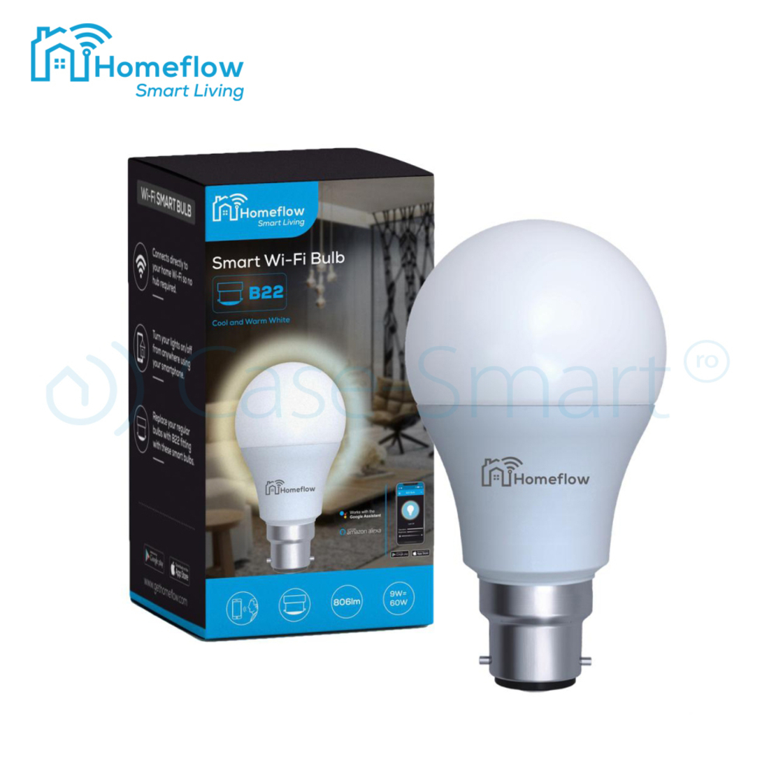 Bec inteligent LED Wireless Homeflow B-5005, B22, 9W (60W), 806lm, dimabil, lumina calda/ rece, Control de pe telefonul mobil