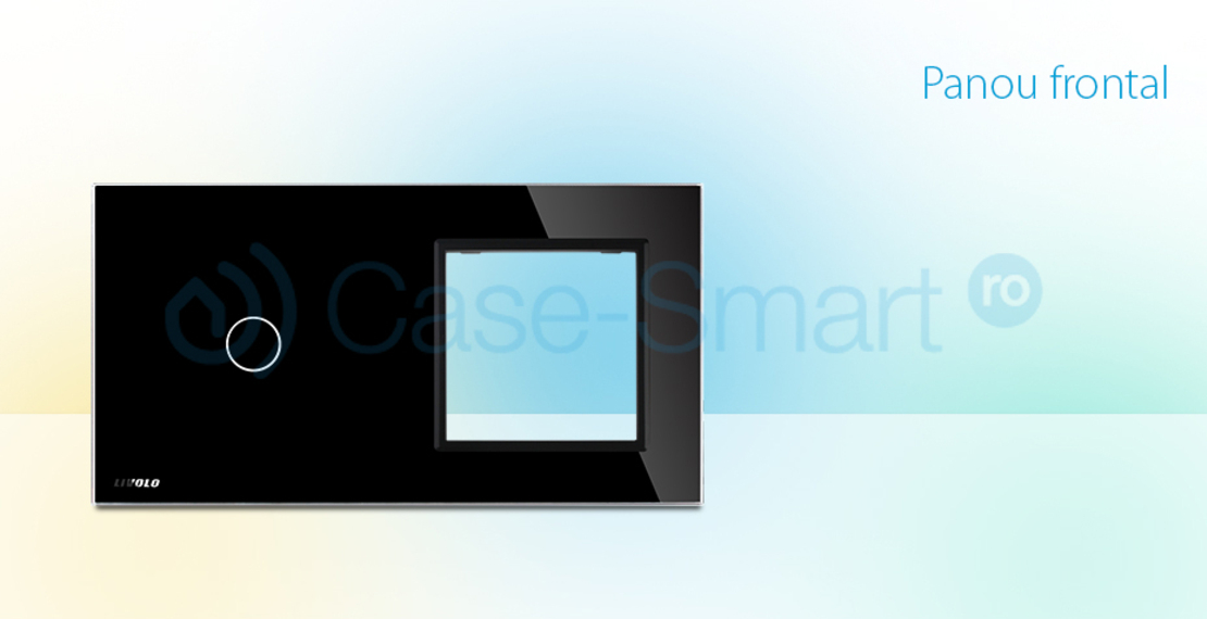 Panou intrerupator simplu cu touch si priza simpla Livolo din sticla, negru