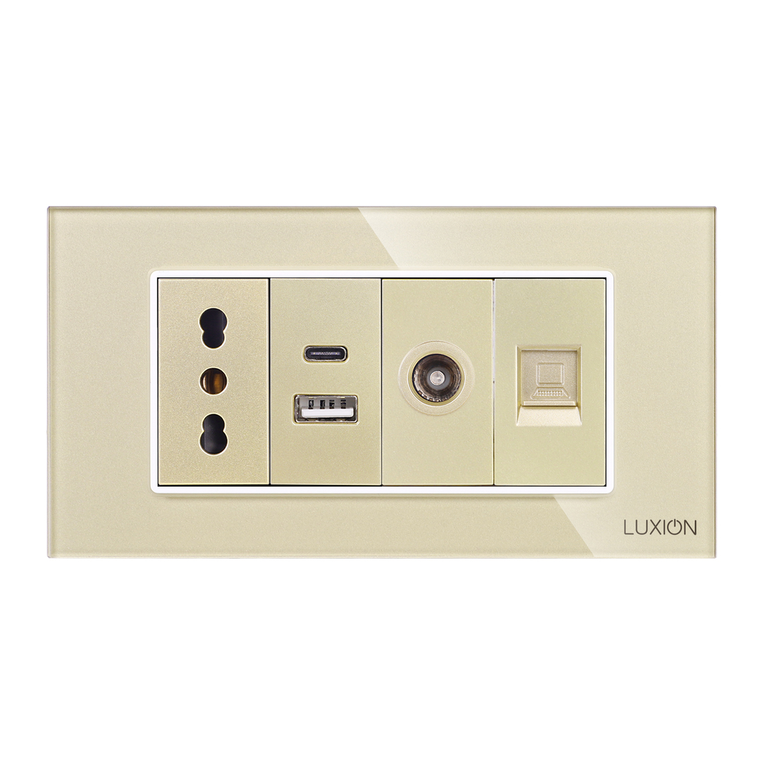 Priza Ingusta + Dubla USB + TV + Internet cu Rama Din Sticla LUXION, Standard Italian, 4M, auriu