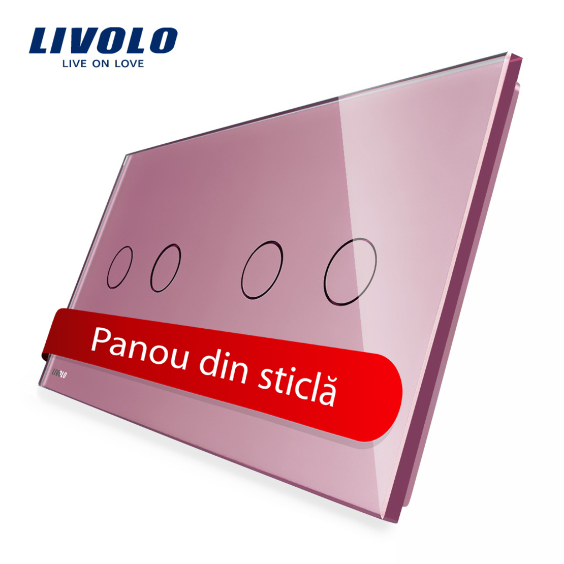 Panou intrerupator dublu+dublu cu touch Livolo din sticla, roz