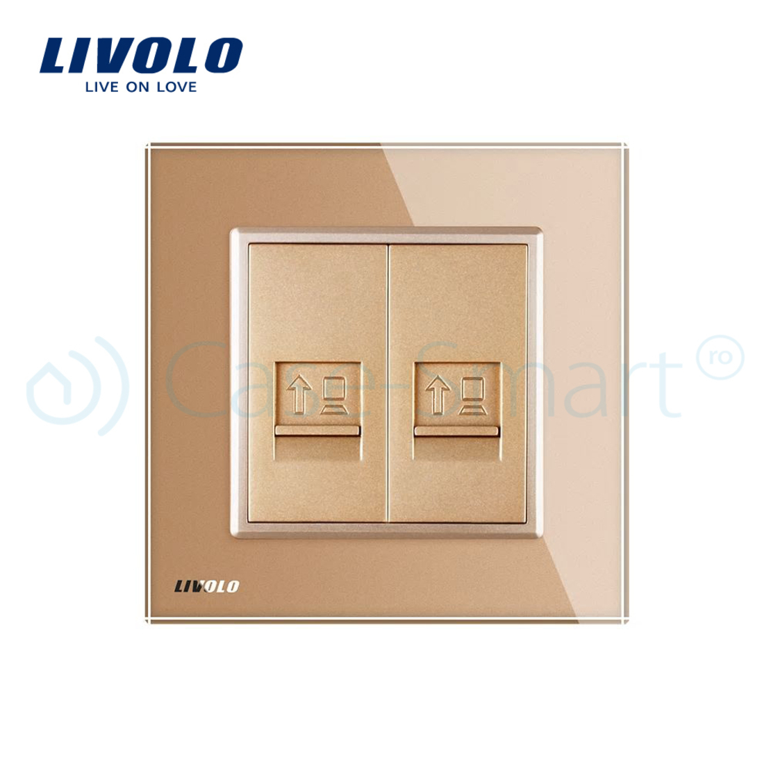 Priza dubla internet Livolo cu rama din sticla, auriu