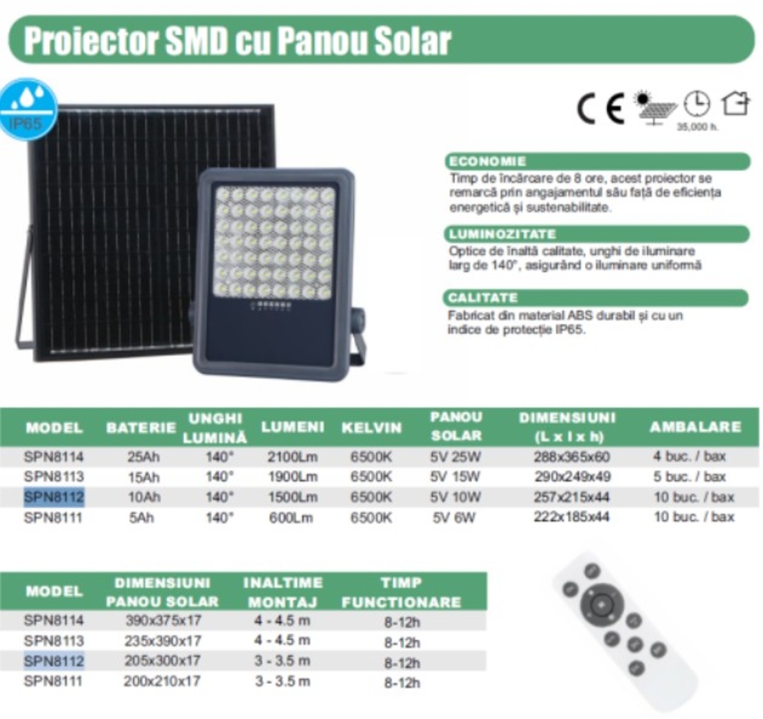 Proiector led SMD cu Panou Solar si telecomanda - 200W/6500k