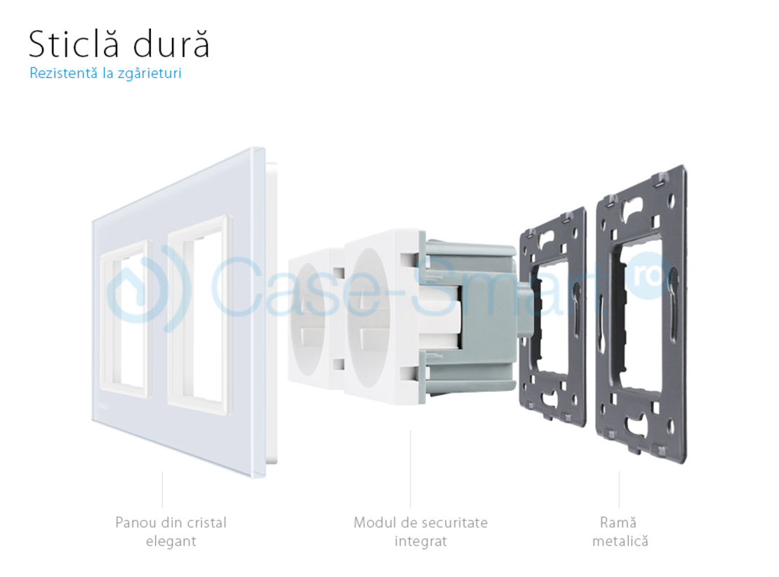 Priza dubla Livolo cu rama din sticla, alb