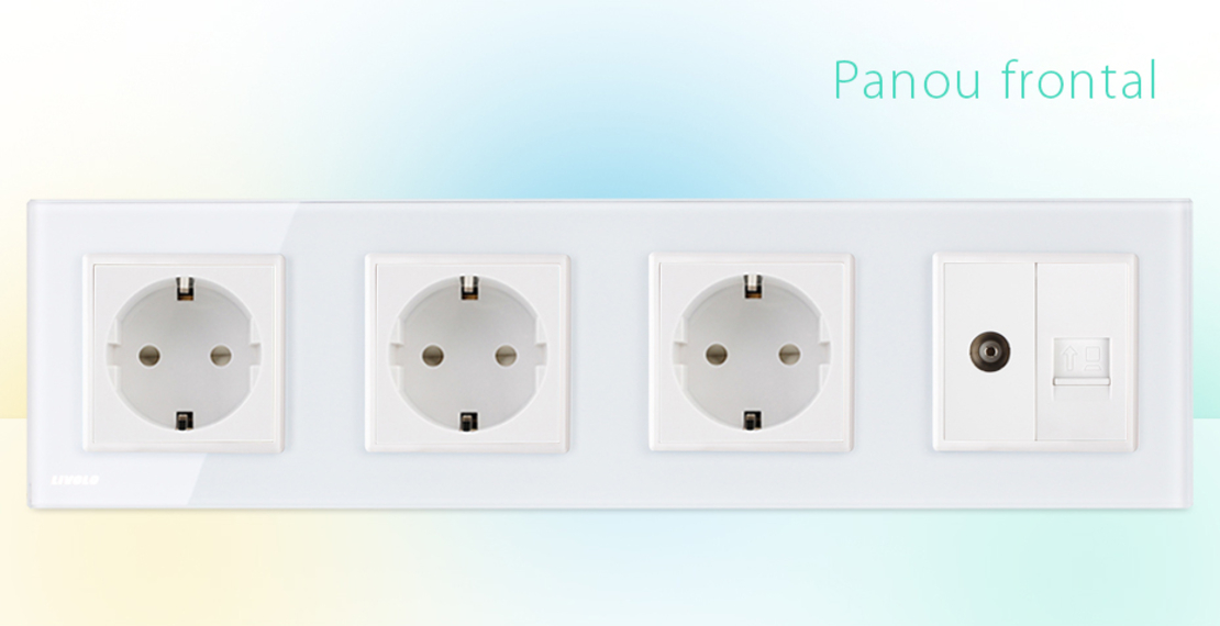 Priza cvadrupla Livolo cu rama din sticla 3 prize simple+TV/internet, alb