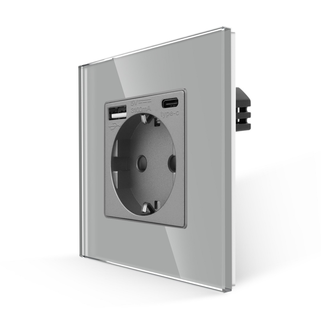 Priza Simpla + USB-A + USB-C LUXION cu Rama din Sticla, gri