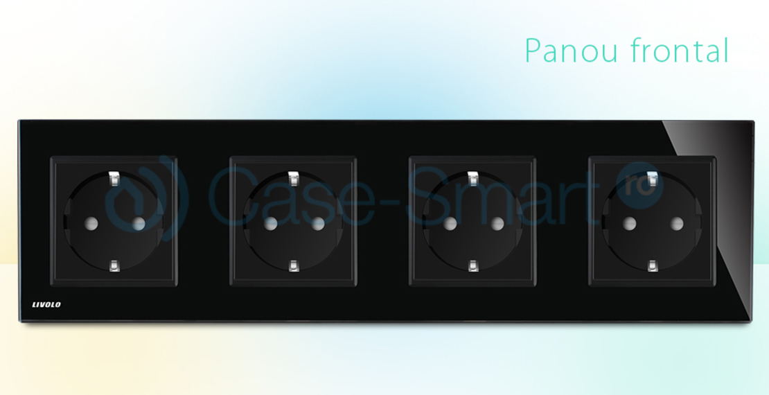 Priza cvadrupla Livolo cu rama din sticla, negru