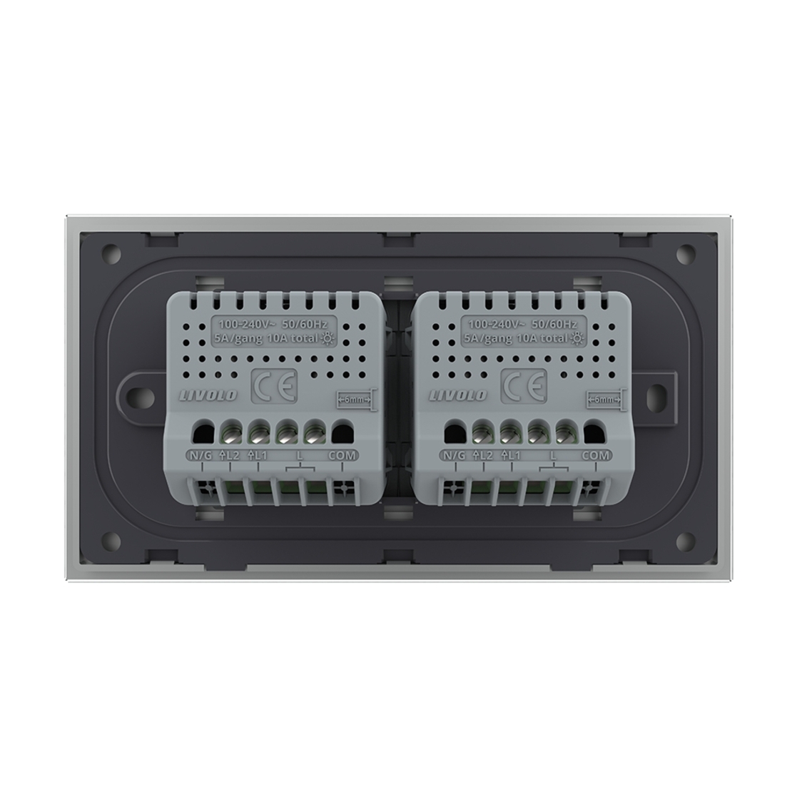 Intrerupator Dublu + Dublu cu Touch LIVOLO cu Rama Din Sticla, Standard Italian, 4M, gri