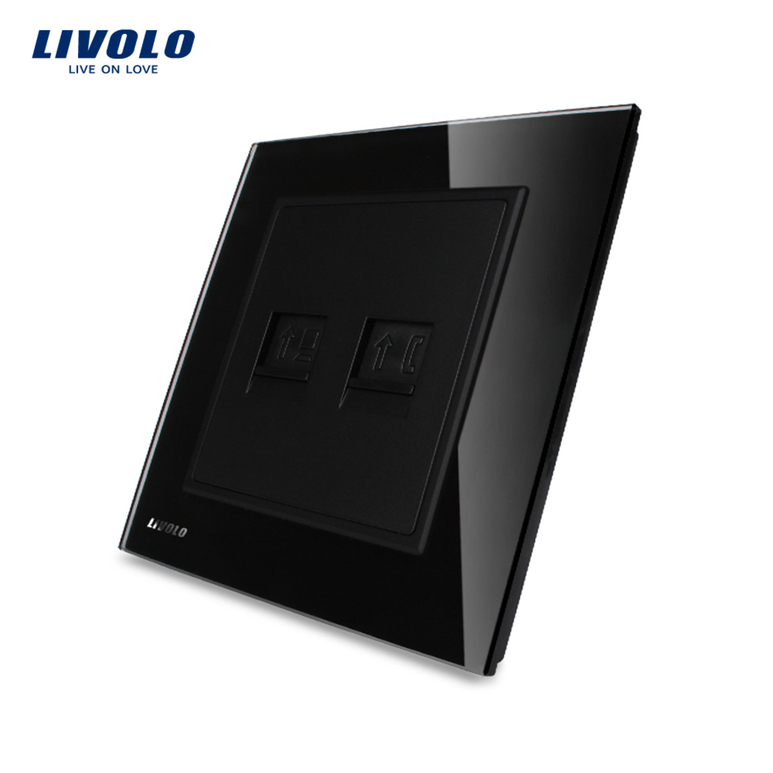 Priza dubla Telefon + Priza internet Livolo cu rama din sticla, negru