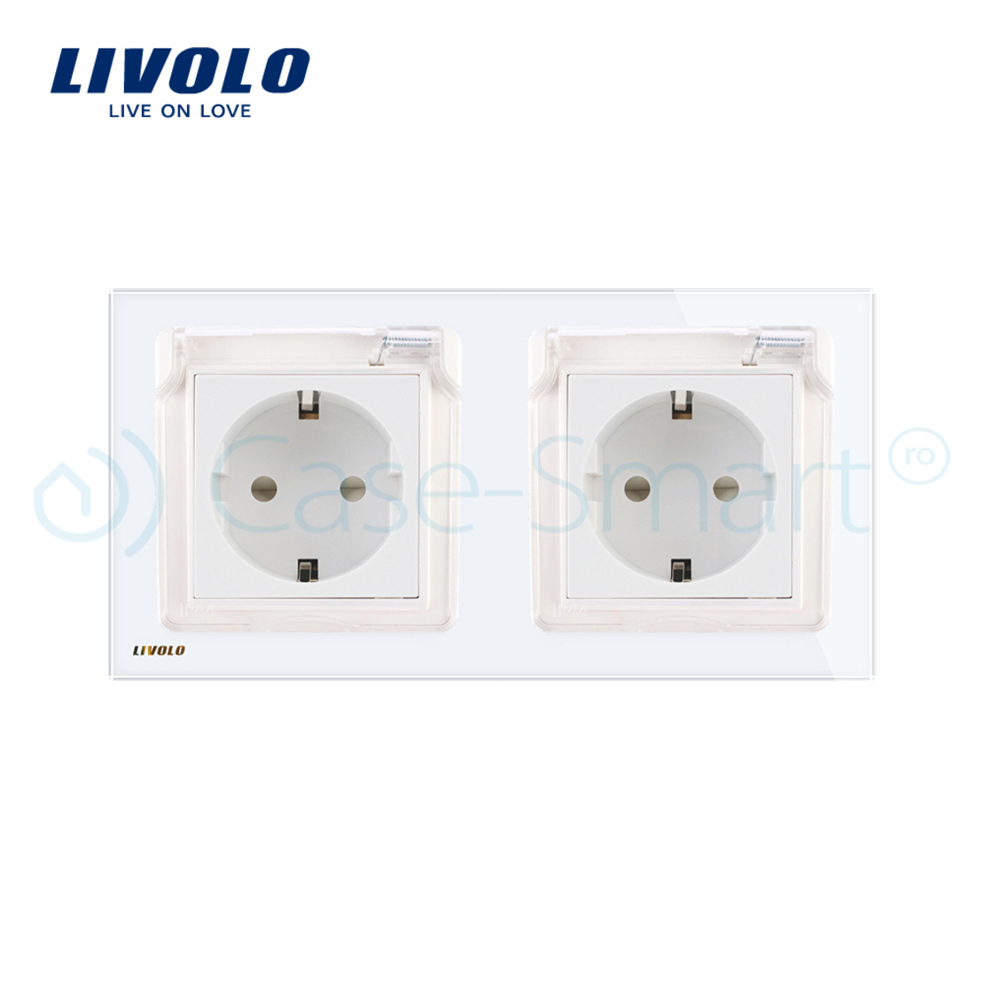Priza dubla Livolo cu rama din sticla si capac de protectie rezistent la apa, alb