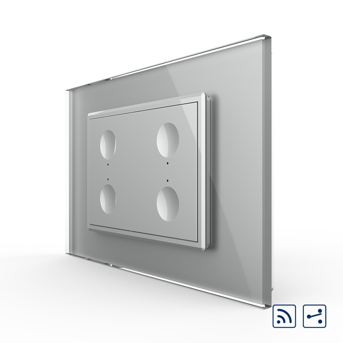 Intrerupator cvadruplu cap scara / cap cruce wireless cu touch Livolo cu rama din sticla, standard Italian - Serie noua, gri