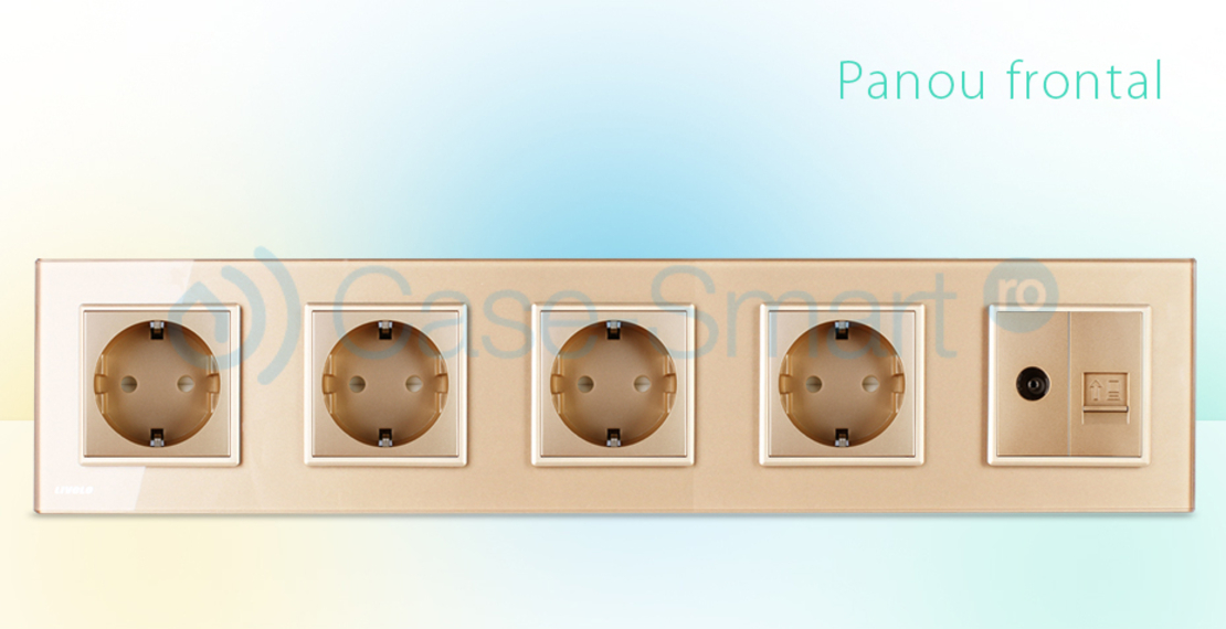 Priza cvintupla + priza TV Internet Livolo cu rama din sticla, auriu