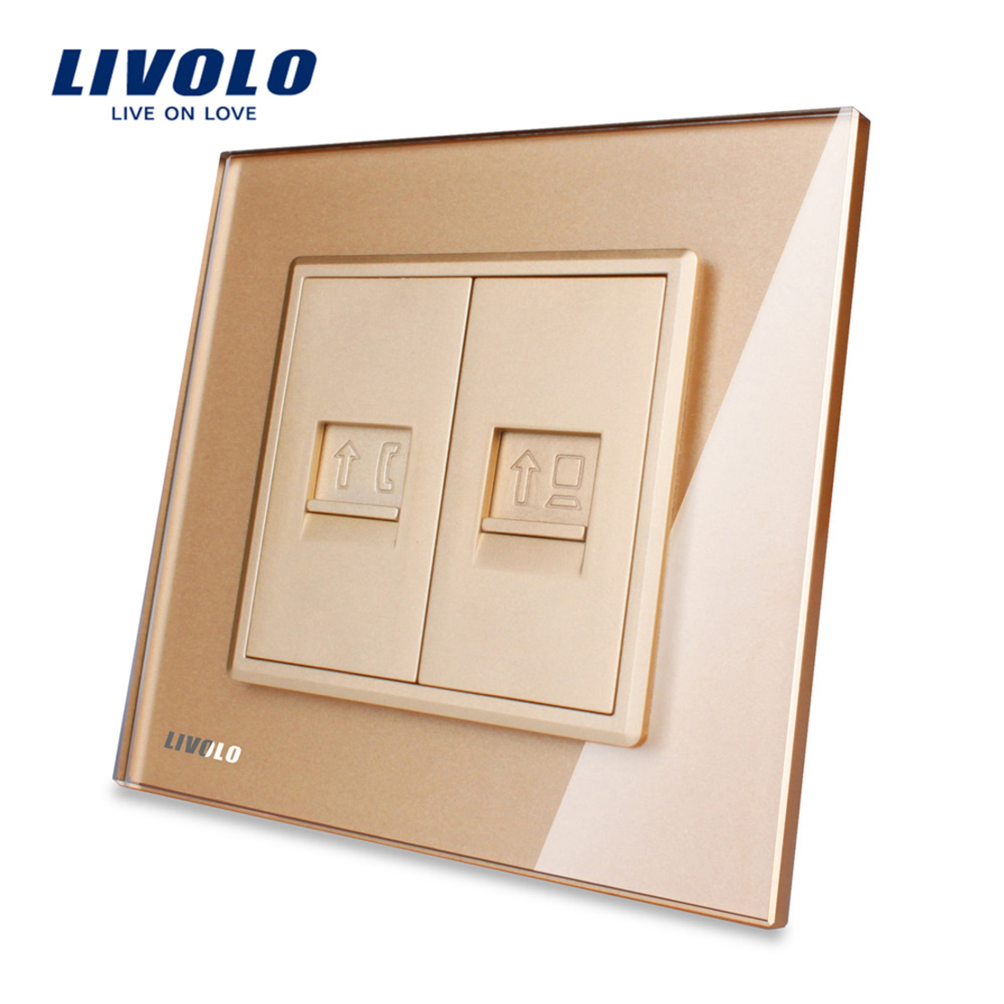 Priza dubla Telefon + Priza internet Livolo cu rama din sticla, auriu