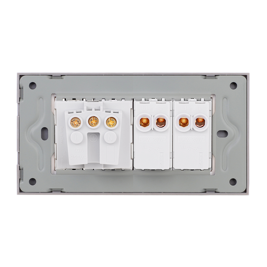 Intrerupator Dublu + Priza cu Rama din Sticla LUXION, Standard Italian, 4M, gri