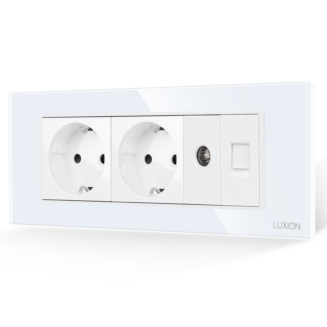 Priza Dubla Schuko + TV + Internet cu Rama din Sticla LUXION, Standard Italian, 6M, alb