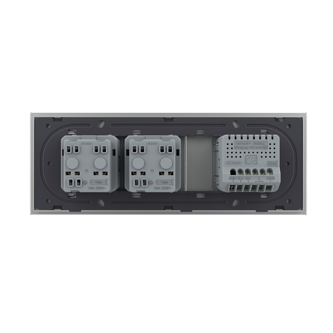 Intrerupator Dublu Cap Scara / Cruce + 2 Prize LIVOLO cu Rama Din Sticla, Standard Italian, 6M, gri