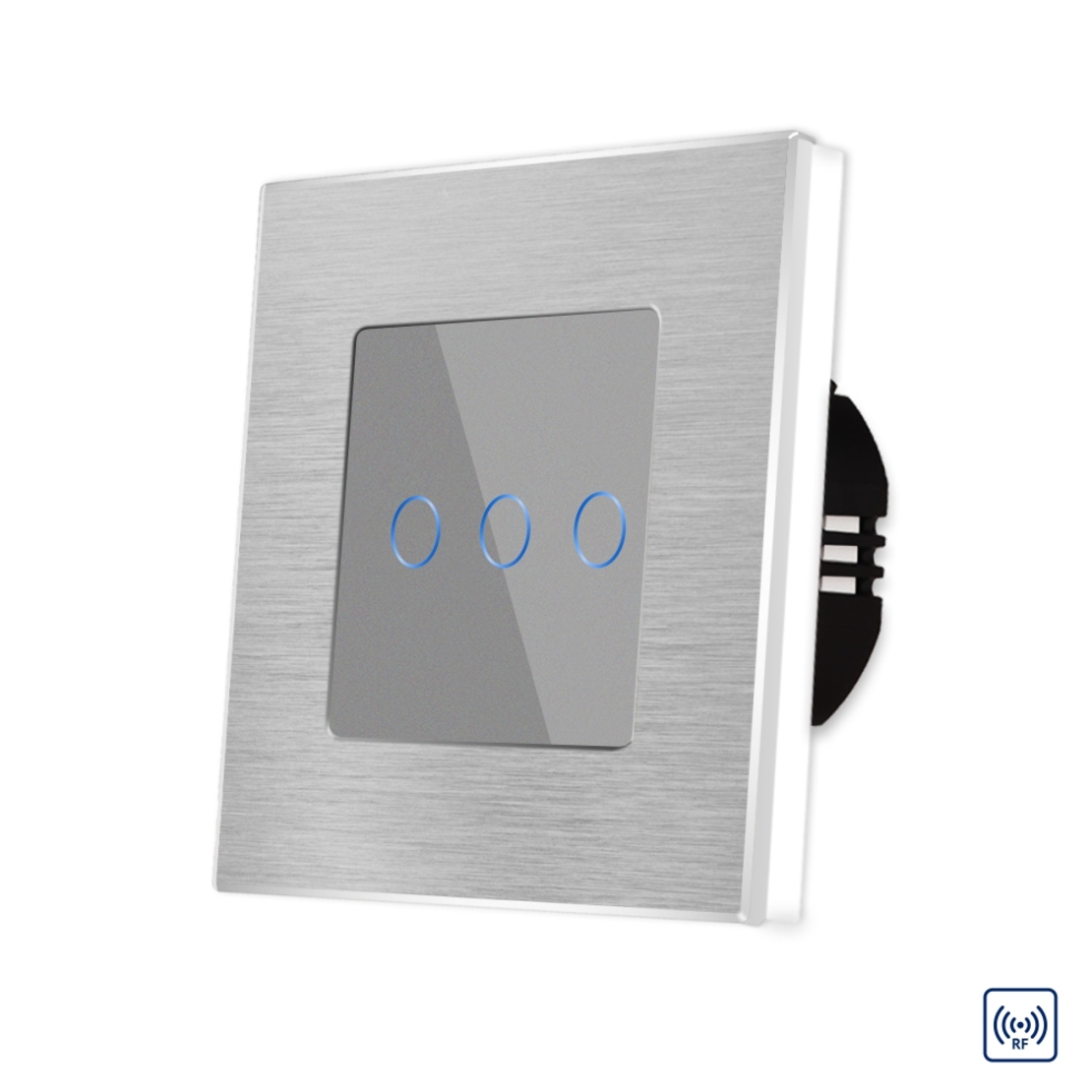 Intrerupator Triplu cu Touch din Sticla si Rama de Aluminiu LUXION, RF433, gri