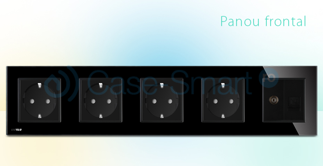 Priza cvintupla + priza TV Internet Livolo cu rama din sticla, negru