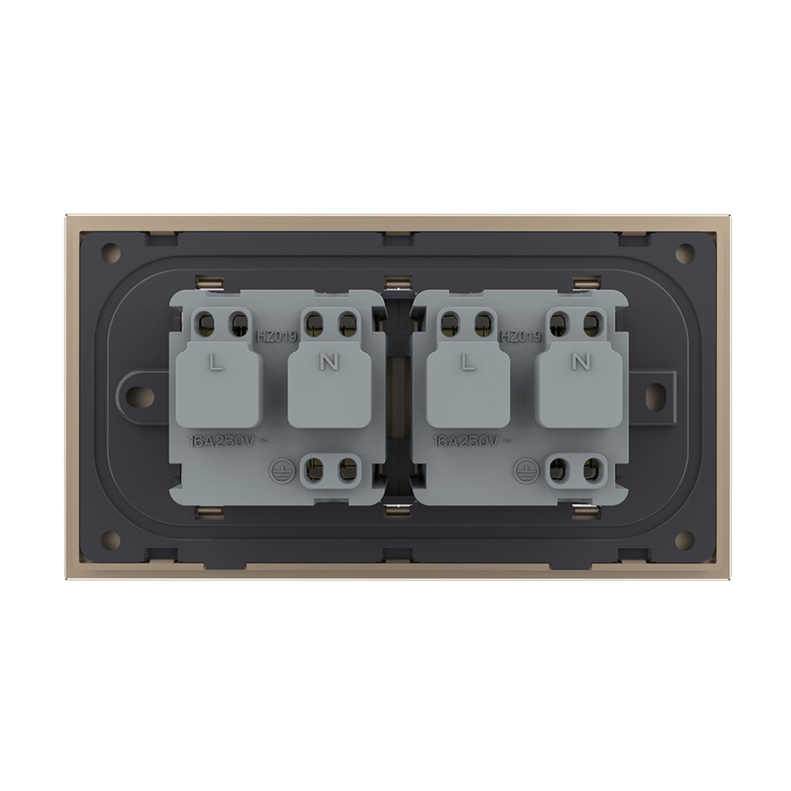 Priza dubla Livolo cu rama din sticla 4M, standard Italian, Serie noua, auriu