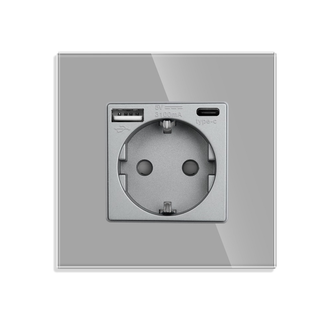 Priza Simpla + USB-A + USB-C LUXION cu Rama din Sticla, gri