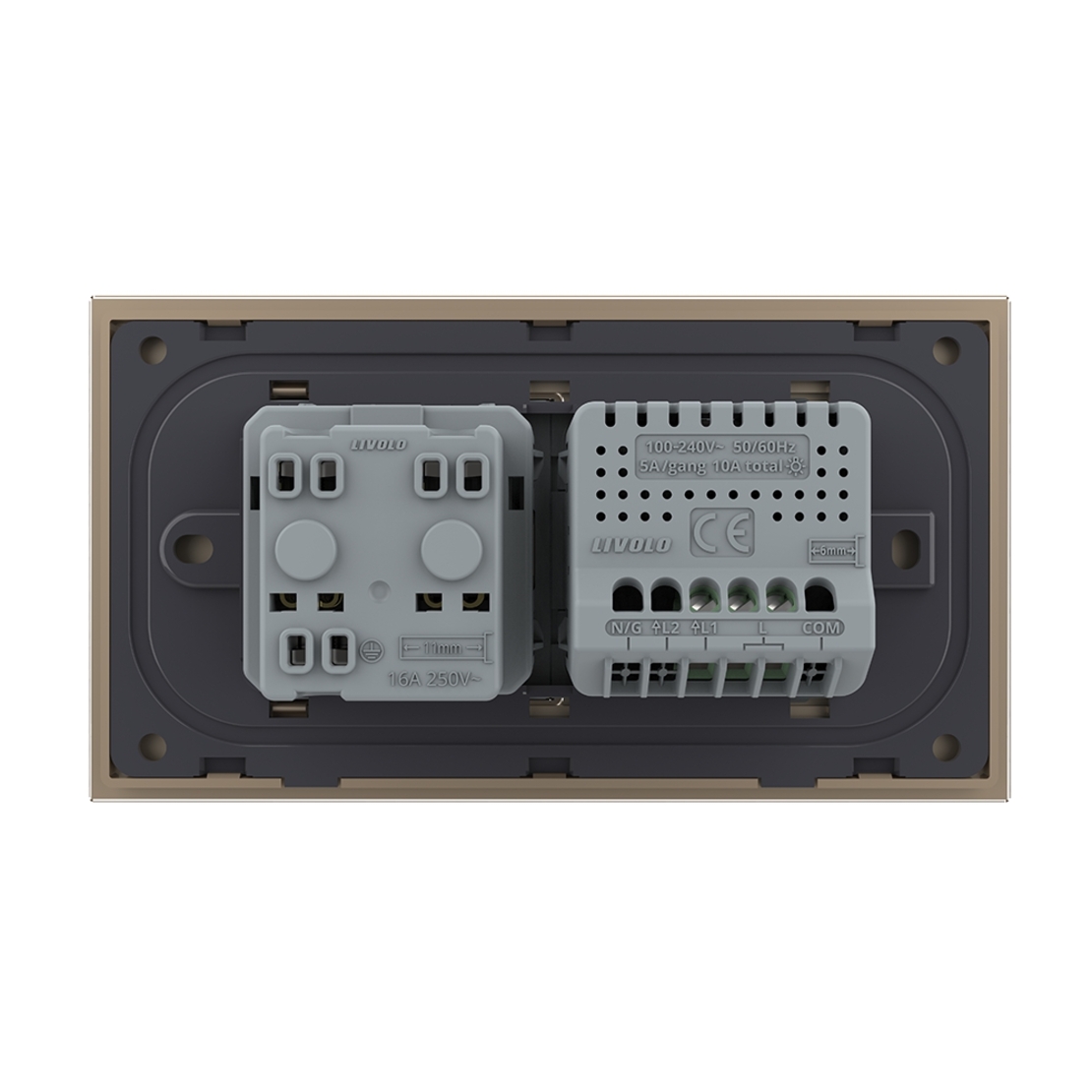 Intrerupator Simplu + Priza LIVOLO cu Rama Din Sticla, Standard Italian, 4M, auriu