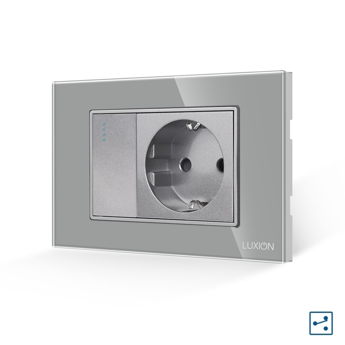 Intrerupator Simplu Cap Scara + Priza cu Rama din Sticla LUXION, Standard Italian, 3M, gri