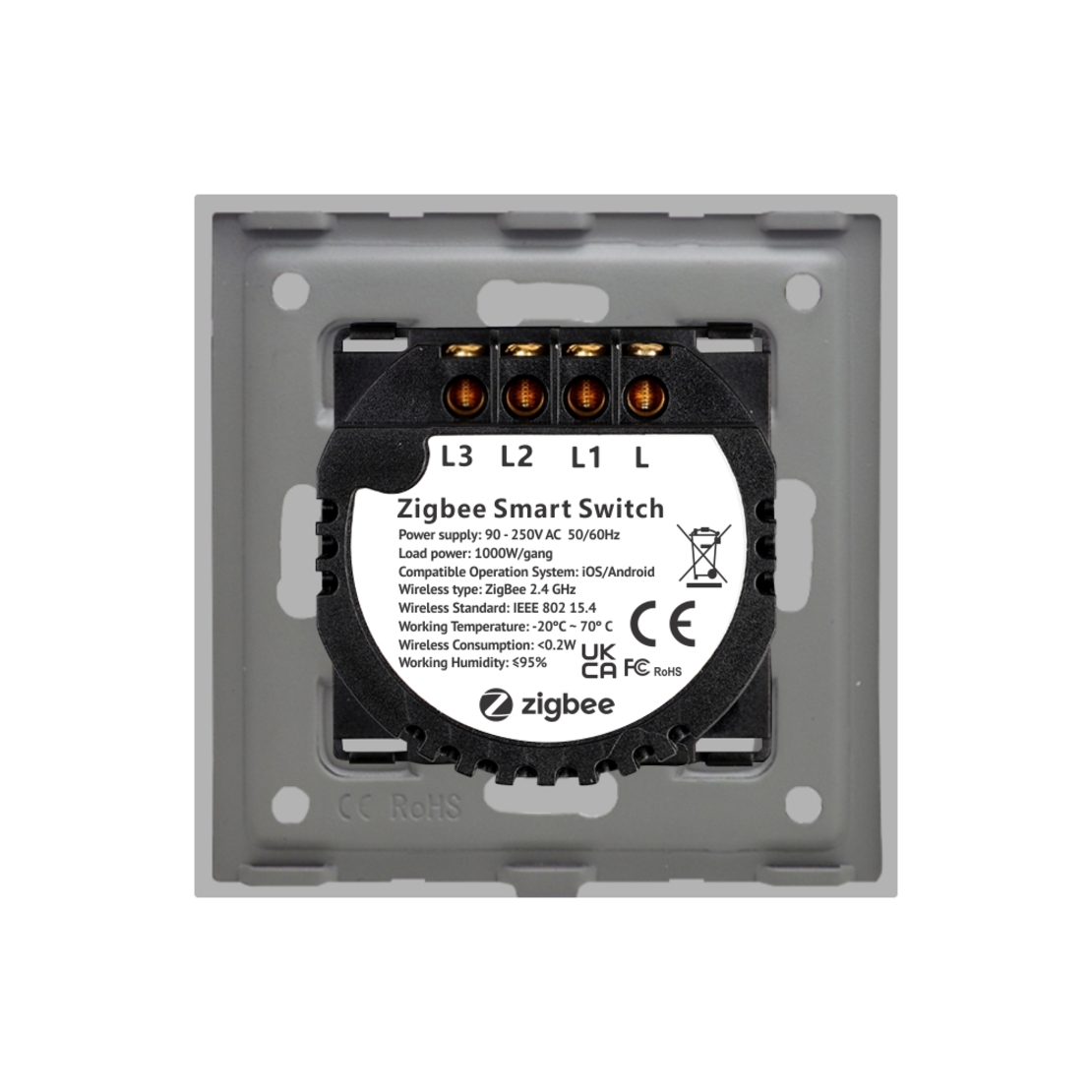 Intrerupator Triplu cu Touch din Sticla si Rama de Aluminiu LUXION, Protocol ZigBee, gri