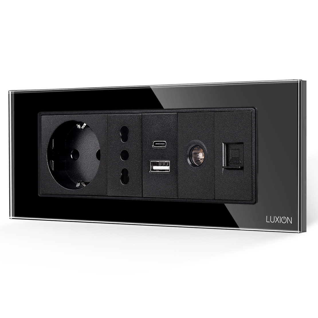 Priza Schuko + Ingusta + Dubla USB + TV + Internet cu Rama Din Sticla LUXION, Standard Italian, 6M, negru