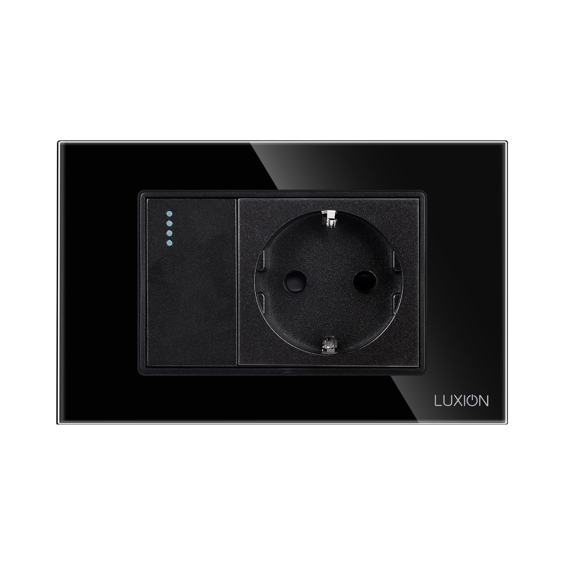 Intrerupator Simplu Cap Scara + Priza cu Rama din Sticla LUXION, Standard Italian, 3M, negru