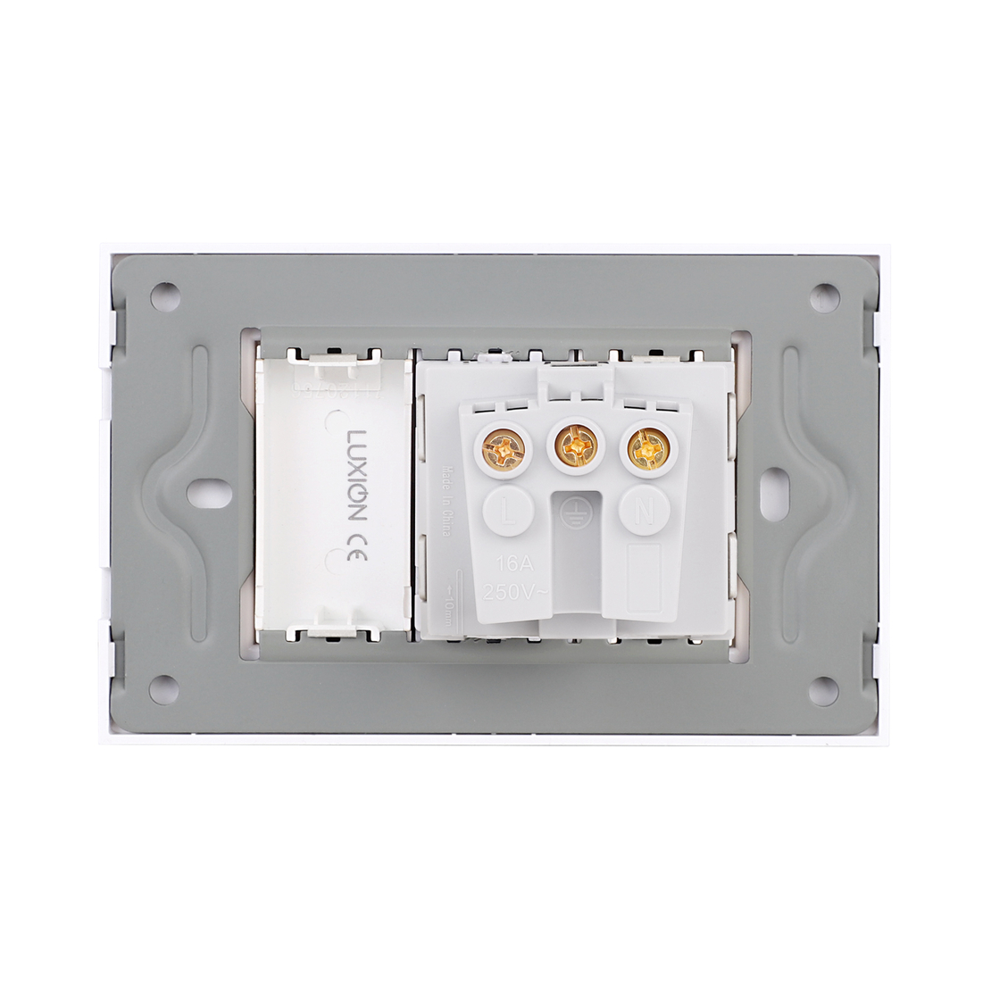 Priza Simpla si 1 Tasta Falsa cu Rama din Sticla LUXION, Standard Italian, 3M, auriu