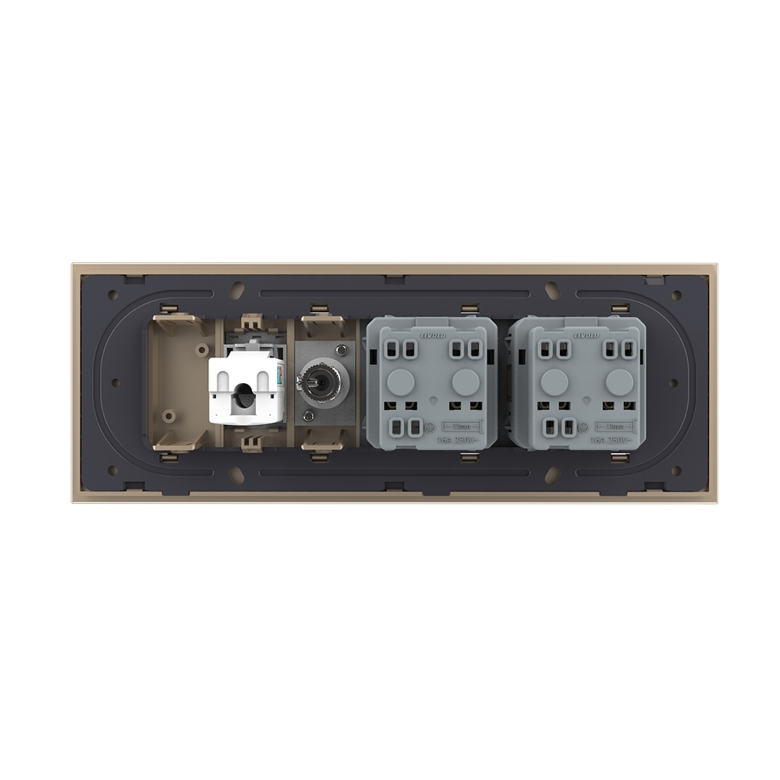 Priza Tripla cu Blank Livolo cu Rama din Sticla 2 Prize Schuko+TV/internet, Standard Italian - Serie Noua, auriu