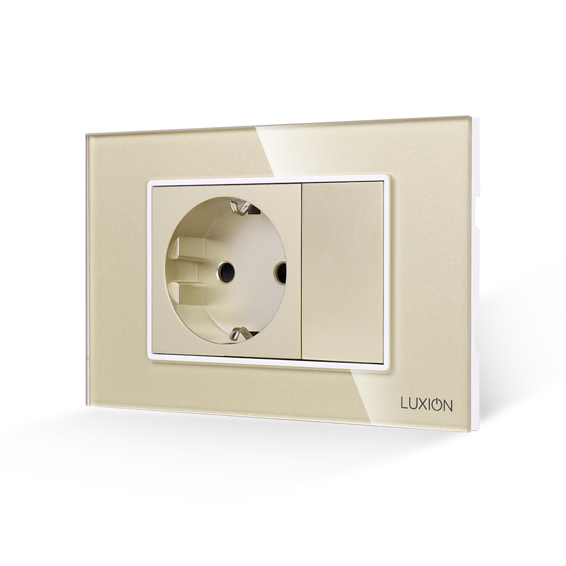 Priza Simpla si 1 Tasta Falsa cu Rama din Sticla LUXION, Standard Italian, 3M, auriu