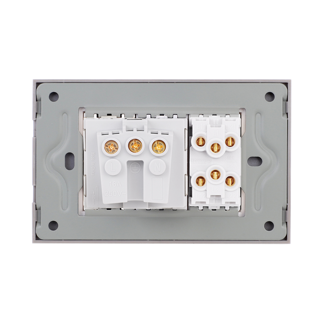 Intrerupator Dublu Cap Scara + Priza cu Rama din Sticla LUXION, Standard Italian, 3M, gri