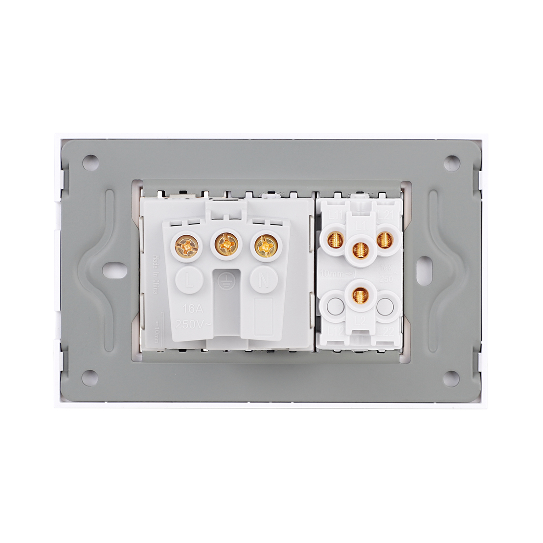 Intrerupator Dublu + Priza cu Rama din Sticla LUXION, Standard Italian, 3M, auriu