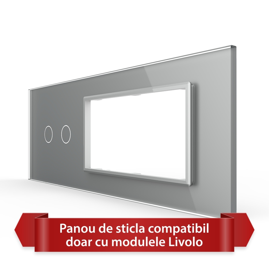 Panou Intrerupator Dublu cu 2 Prize LIVOLO din Sticla, Standard Italian - 6/7M, gri
