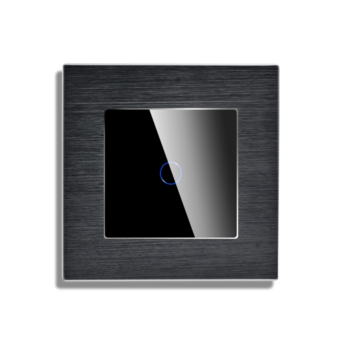 Intrerupator Simplu Cap Scara / Cruce cu Touch din Sticla si Rama de Aluminiu LUXION, RF433, negru