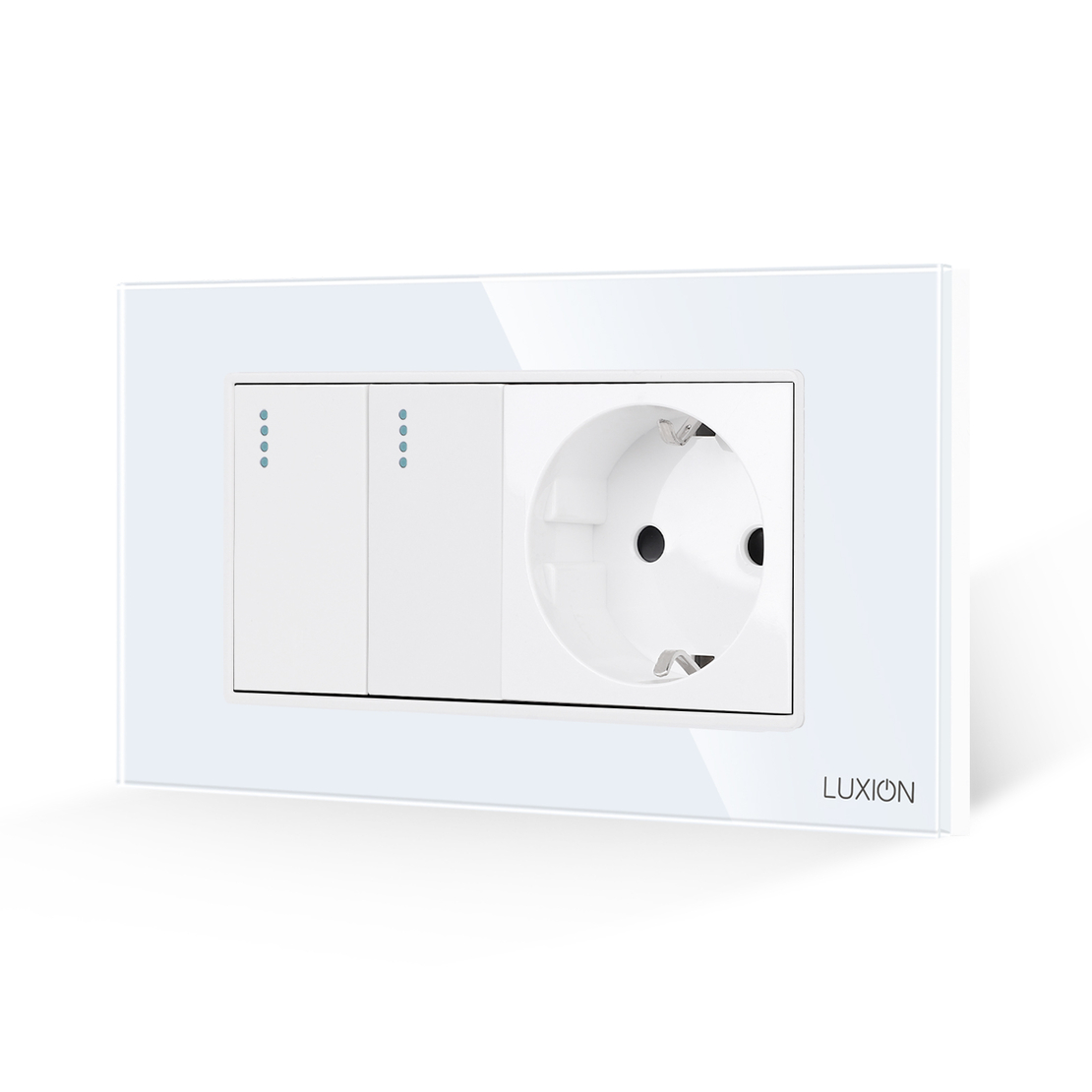 Intrerupator Dublu + Priza cu Rama din Sticla LUXION, Standard Italian, 4M, alb