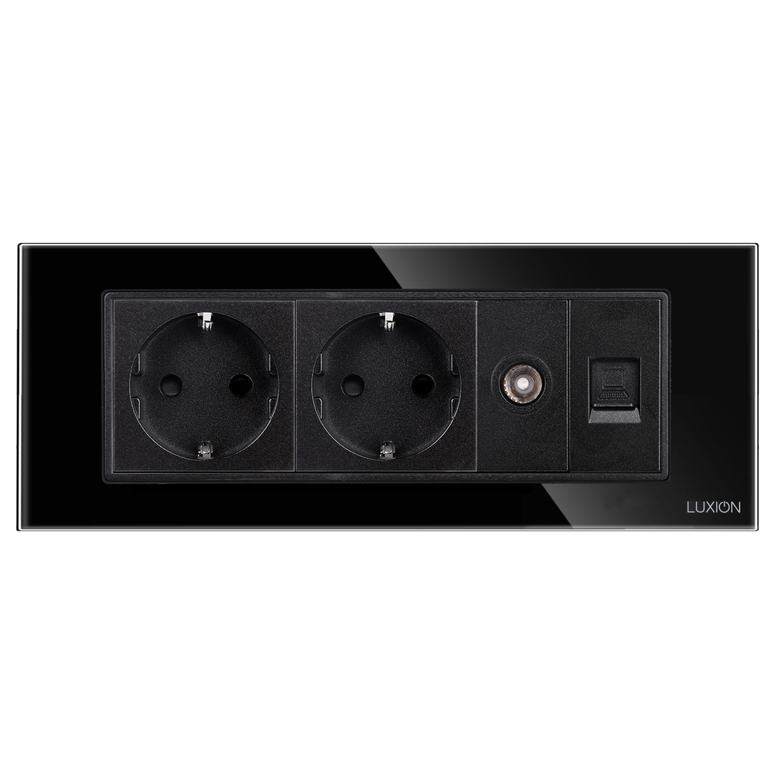 Priza Dubla Schuko + TV + Internet cu Rama din Sticla LUXION, Standard Italian, 6M, negru