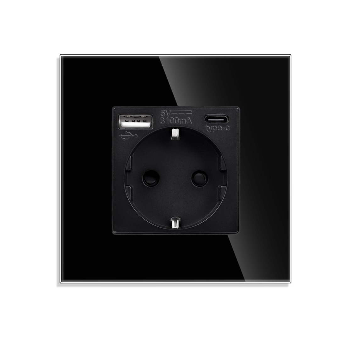Priza Simpla + USB-A + USB-C LUXION cu Rama din Sticla, negru